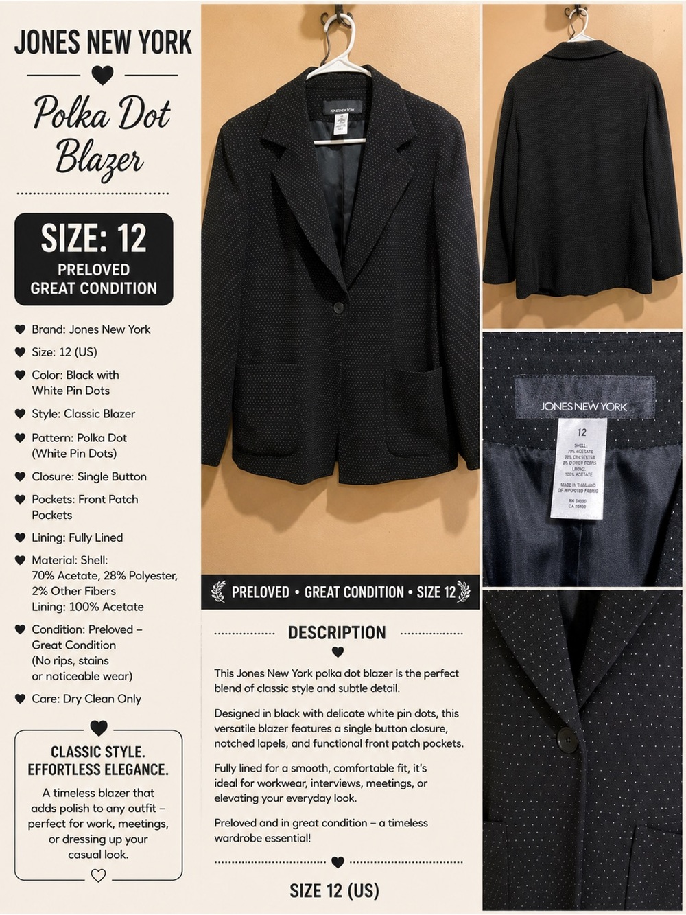 Jones New York Black Blazer with White Pin Dots